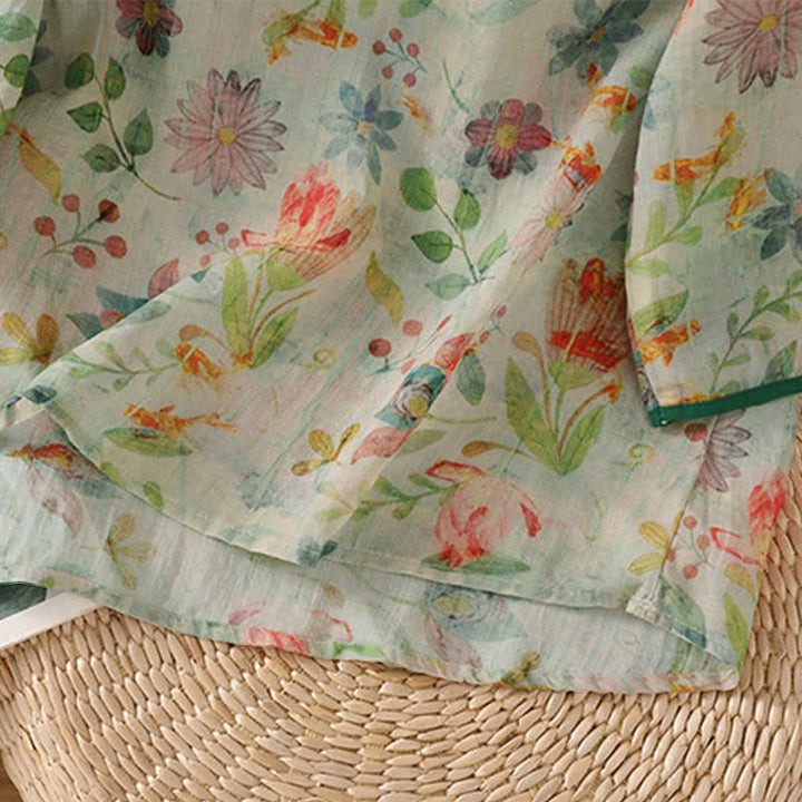 Buddha Stones Camisas de manga tres cuartos para mujer con cuello mandarín, botones de rana y estampado floral, estilo Summer Tang. - image 22