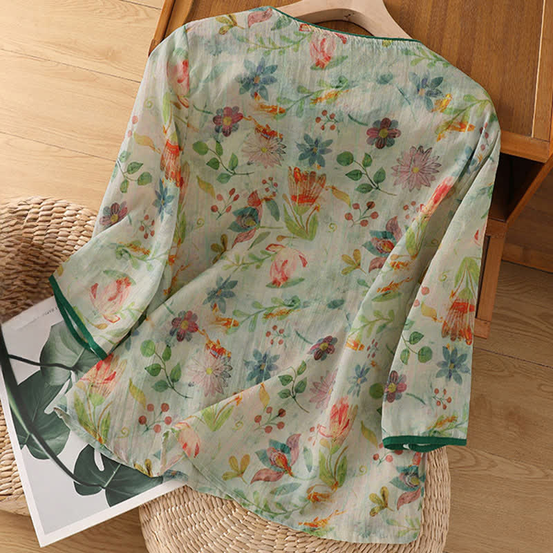 Buddha Stones Camisas de manga tres cuartos para mujer con cuello mandarín, botones de rana y estampado floral, estilo Summer Tang. - image 16