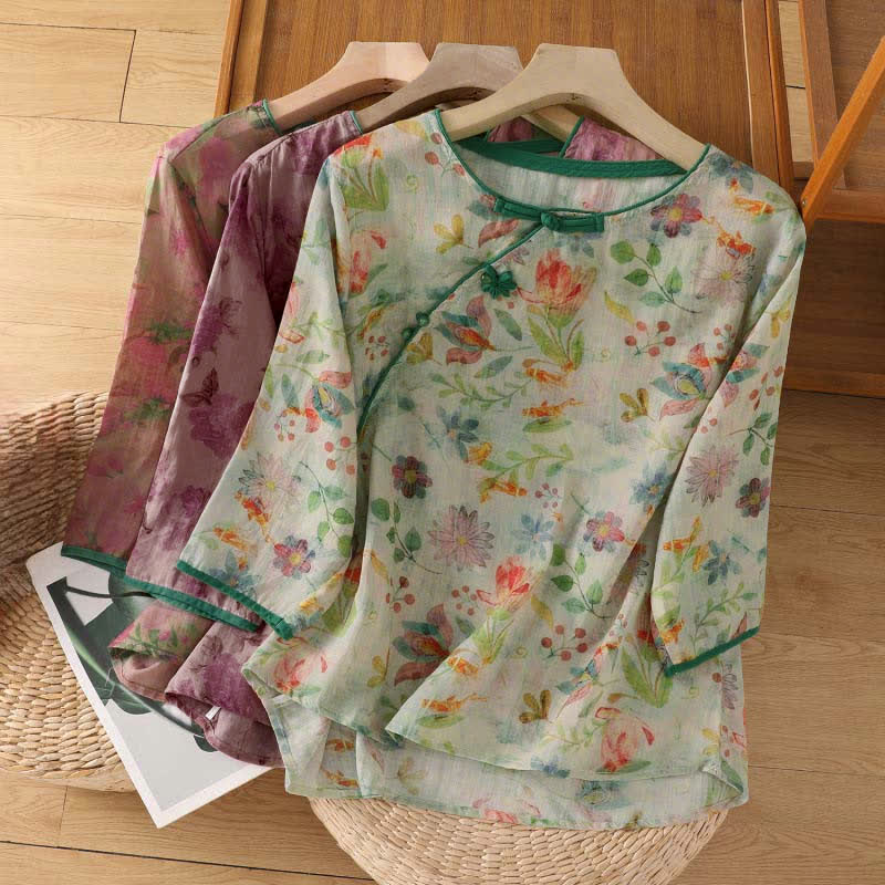 Buddha Stones Camisas de manga tres cuartos para mujer con cuello mandarín, botones de rana y estampado floral, estilo Summer Tang. - image 23