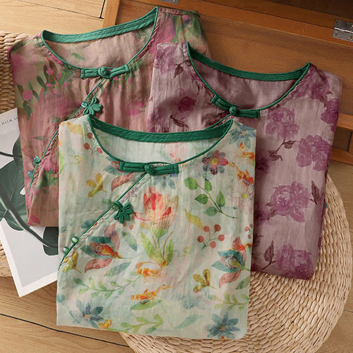 Buddha Stones Camisas de manga tres cuartos para mujer con cuello mandarín, botones de rana y estampado floral, estilo Summer Tang. - image 24