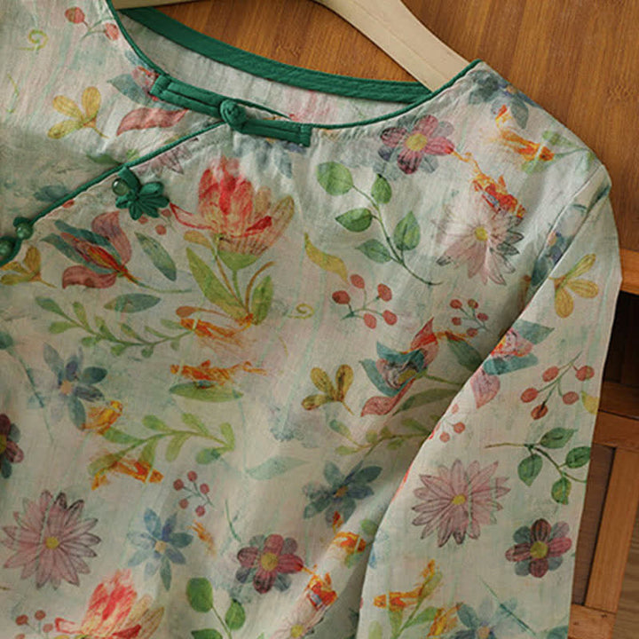 Buddha Stones Camisas de manga tres cuartos para mujer con cuello mandarín, botones de rana y estampado floral, estilo Summer Tang. - image 19