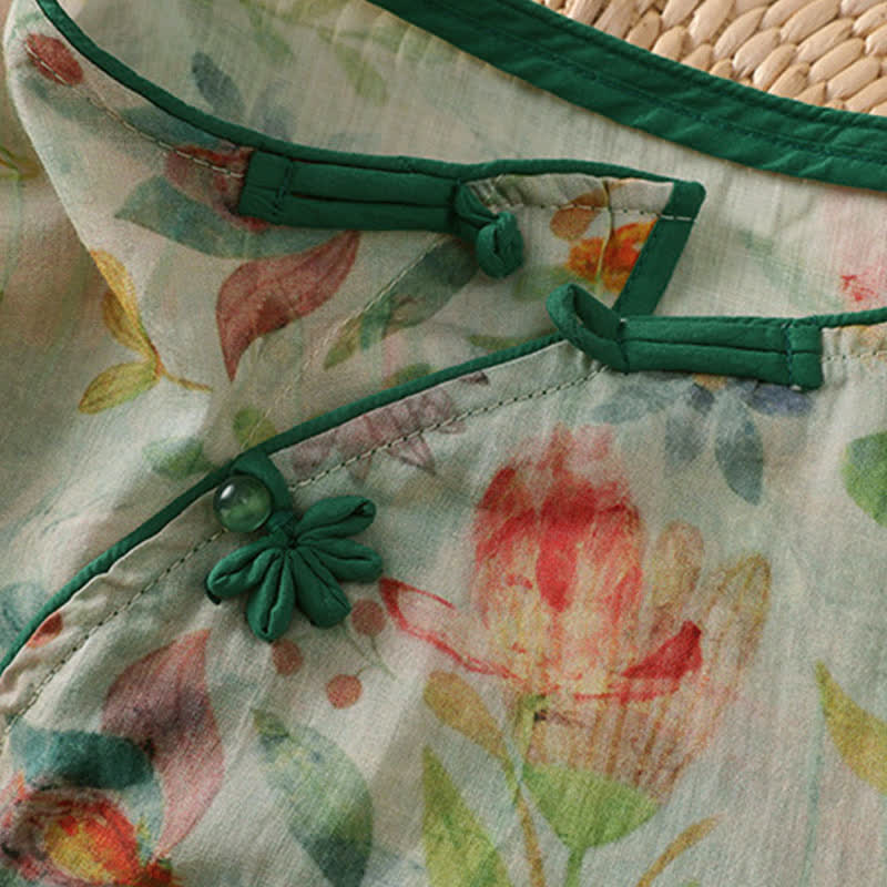 Buddha Stones Camisas de manga tres cuartos para mujer con cuello mandarín, botones de rana y estampado floral, estilo Summer Tang. - image 20