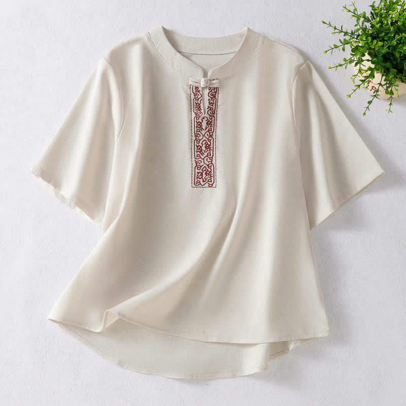 Buddha Stones Camisas de manga corta para mujer de color liso con bordado de enredaderas y botones de rana estilo Tang de verano. - Lino - US8-10, UK/AU12-14, EU40-42 (2XL) - image 0