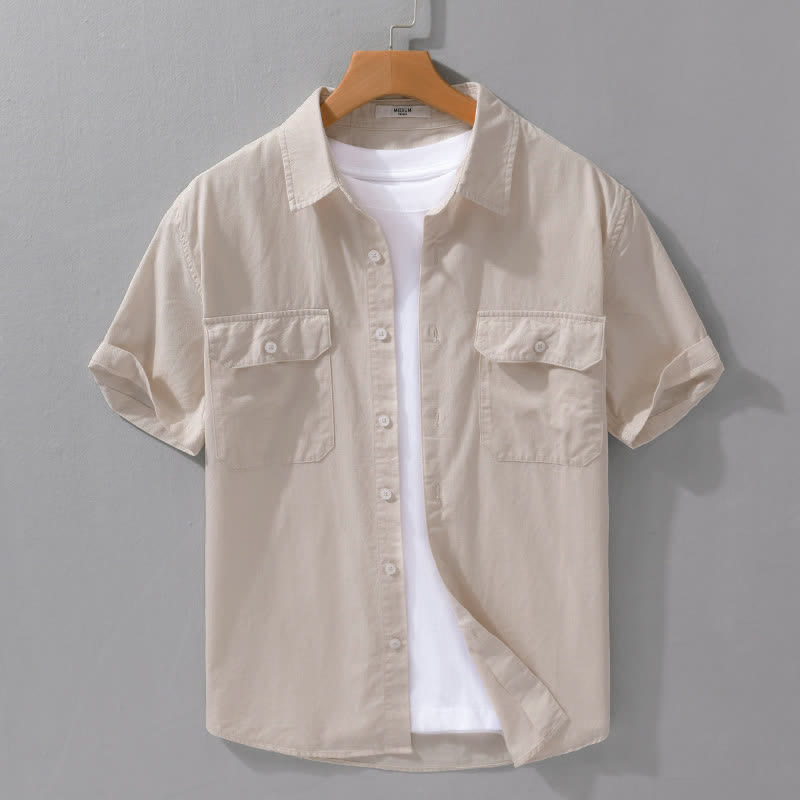 Buddha Stones Camisa clásica de manga corta para hombre, de algodón liso, con botones y bolsillos de parche, ideal para el verano. - Beige - US/UK/AU42, EU52 (3XL) - image 14