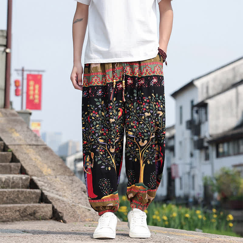 Buddha Stones Pantalones cortos de verano estilo boho casual con cordón ajustable, estampado de elefante y árbol, estilo harem para hombre con bolsillos. - Negro - US/UK/AU46, EU56 (5XL) - image 20
