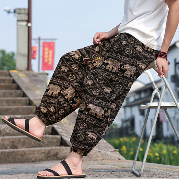 Buddha Stones Pantalones cortos de verano estilo boho casual con cordón ajustable, estampado de elefante y árbol, estilo harem para hombre con bolsillos. - image 6