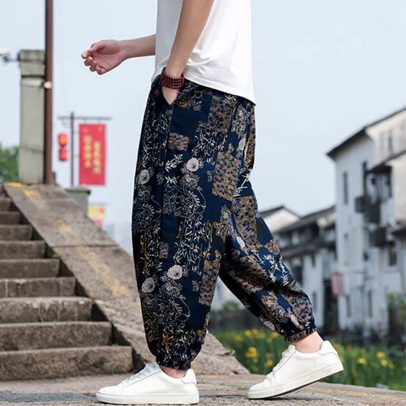 Buddha Stones Pantalones cortos de verano estilo boho casual con cordón ajustable, estampado de elefante y árbol, estilo harem para hombre con bolsillos. - image 32