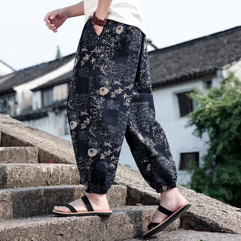 Buddha Stones Pantalones cortos de verano estilo boho casual con cordón ajustable, estampado de elefante y árbol, estilo harem para hombre con bolsillos. - image 14