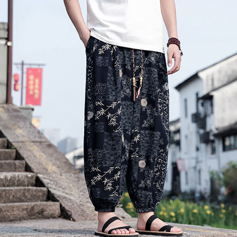 Buddha Stones Pantalones cortos de verano estilo boho casual con cordón ajustable, estampado de elefante y árbol, estilo harem para hombre con bolsillos. - image 8