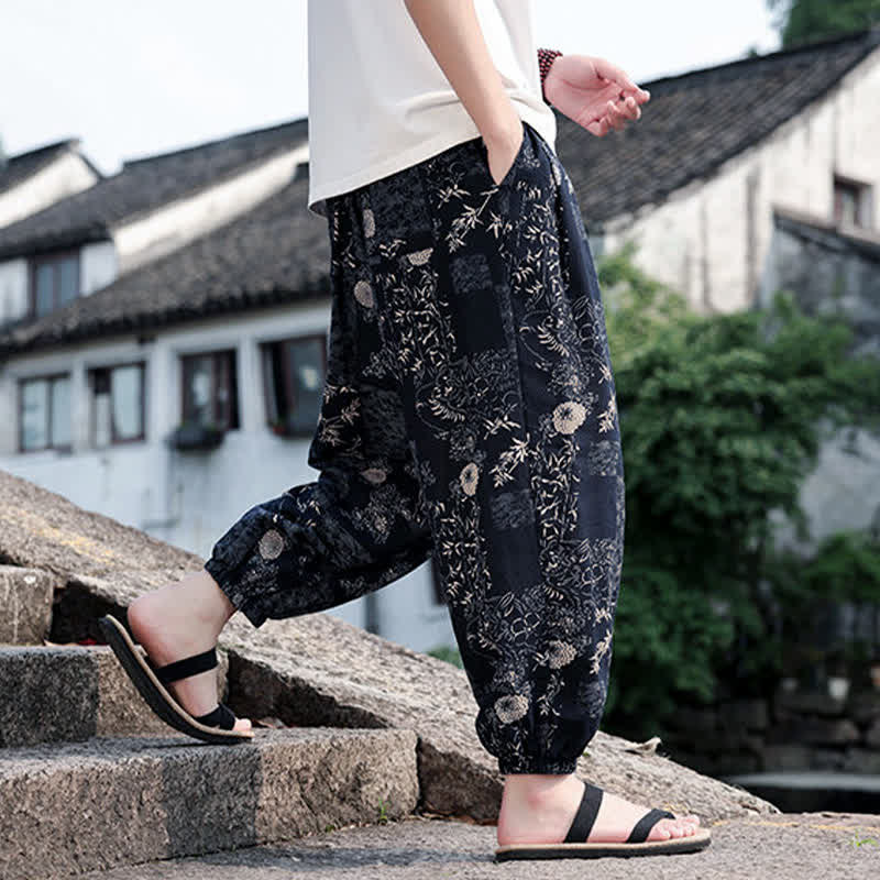 Buddha Stones Pantalones cortos de verano estilo boho casual con cordón ajustable, estampado de elefante y árbol, estilo harem para hombre con bolsillos. - image 10