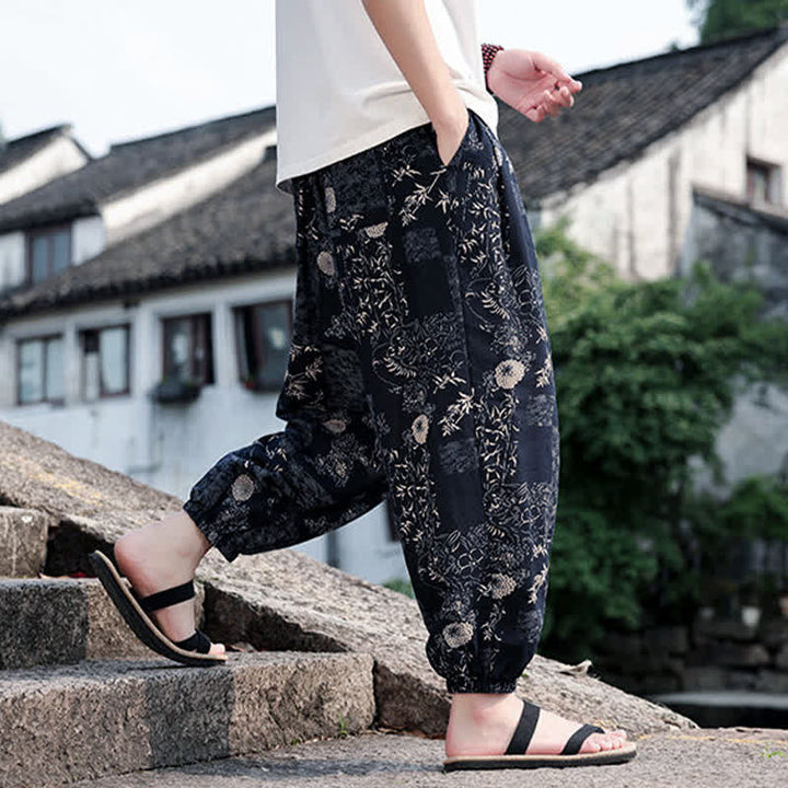 Buddha Stones Pantalones cortos de verano estilo boho casual con cordón ajustable, estampado de elefante y árbol, estilo harem para hombre con bolsillos. - image 10