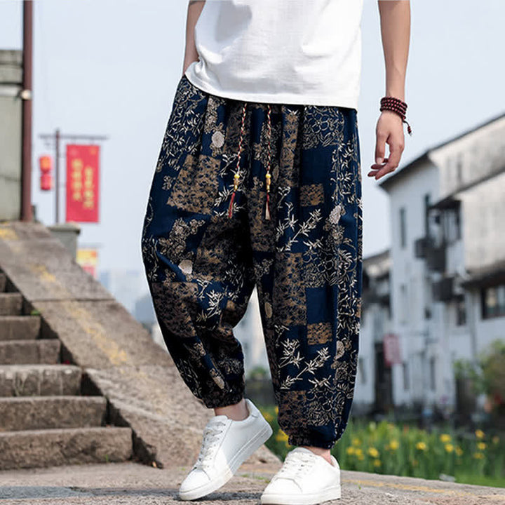 Buddha Stones Pantalones cortos de verano estilo boho casual con cordón ajustable, estampado de elefante y árbol, estilo harem para hombre con bolsillos. - image 36