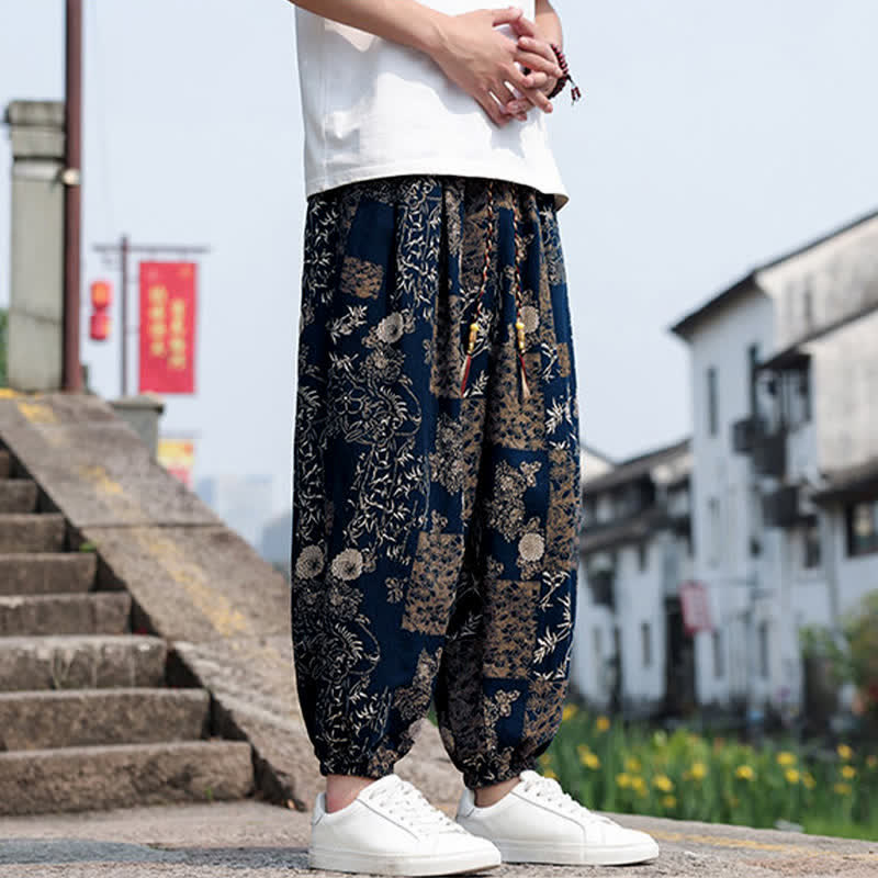 Buddha Stones Pantalones cortos de verano estilo boho casual con cordón ajustable, estampado de elefante y árbol, estilo harem para hombre con bolsillos. - image 30