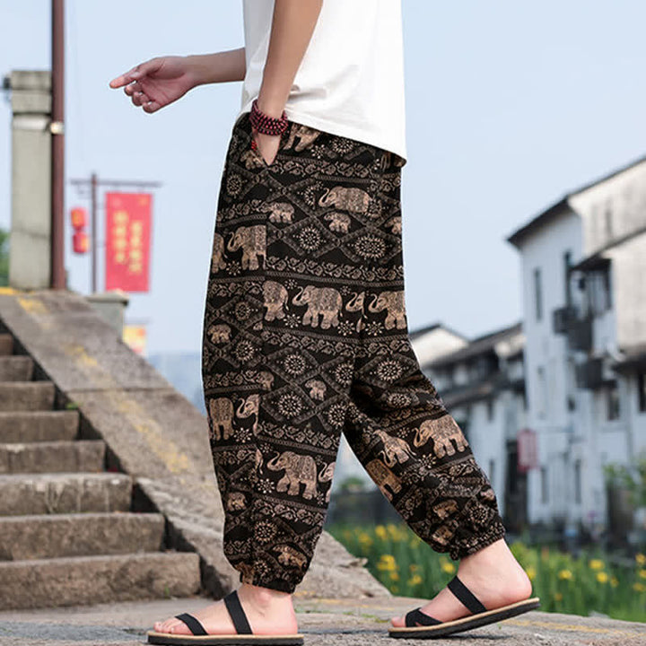 Buddha Stones Pantalones cortos de verano estilo boho casual con cordón ajustable, estampado de elefante y árbol, estilo harem para hombre con bolsillos. - image 4