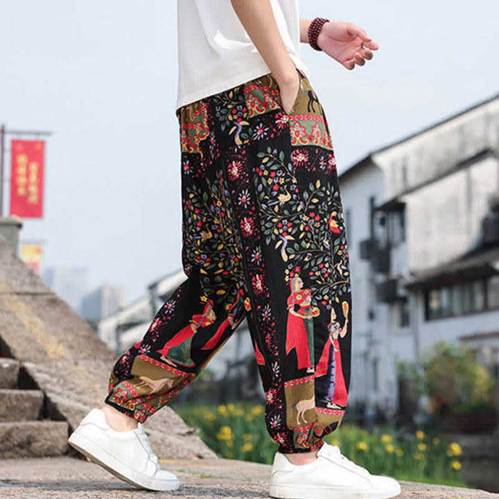 Buddha Stones Pantalones cortos de verano estilo boho casual con cordón ajustable, estampado de elefante y árbol, estilo harem para hombre con bolsillos. - image 22