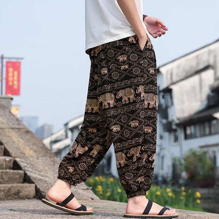 Buddha Stones Pantalones cortos de verano estilo boho casual con cordón ajustable, estampado de elefante y árbol, estilo harem para hombre con bolsillos. - image 3