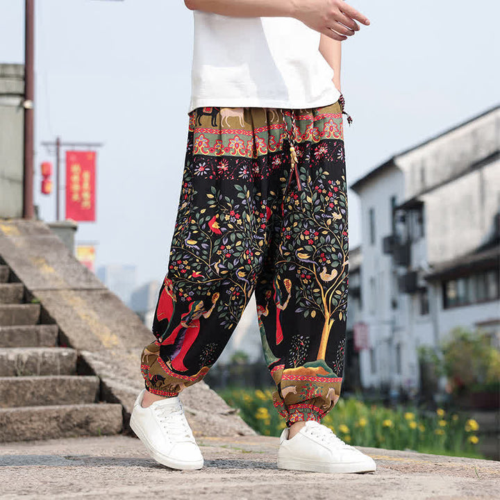 Buddha Stones Pantalones cortos de verano estilo boho casual con cordón ajustable, estampado de elefante y árbol, estilo harem para hombre con bolsillos. - image 21