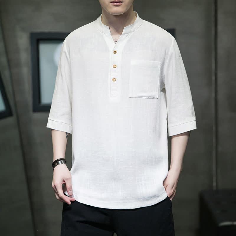 Buddha Stones Camisas de manga corta para hombre de estilo Tang casual de verano con cuello mandarín y bolsillo de parche. - image 1
