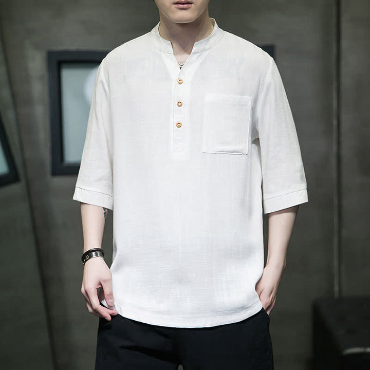 Buddha Stones Camisas de manga corta para hombre de estilo Tang casual de verano con cuello mandarín y bolsillo de parche. - image 1