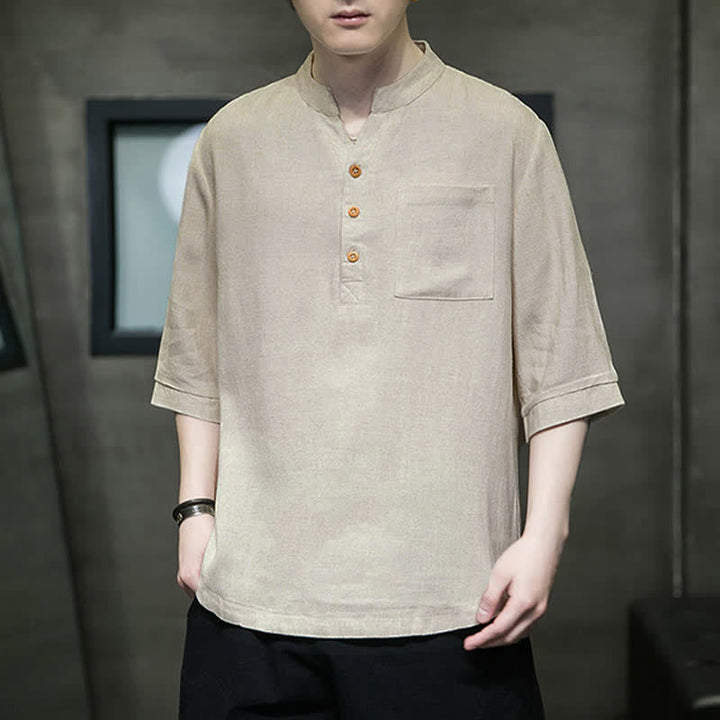 Buddha Stones Camisas de manga corta para hombre de estilo Tang casual de verano con cuello mandarín y bolsillo de parche. - image 14