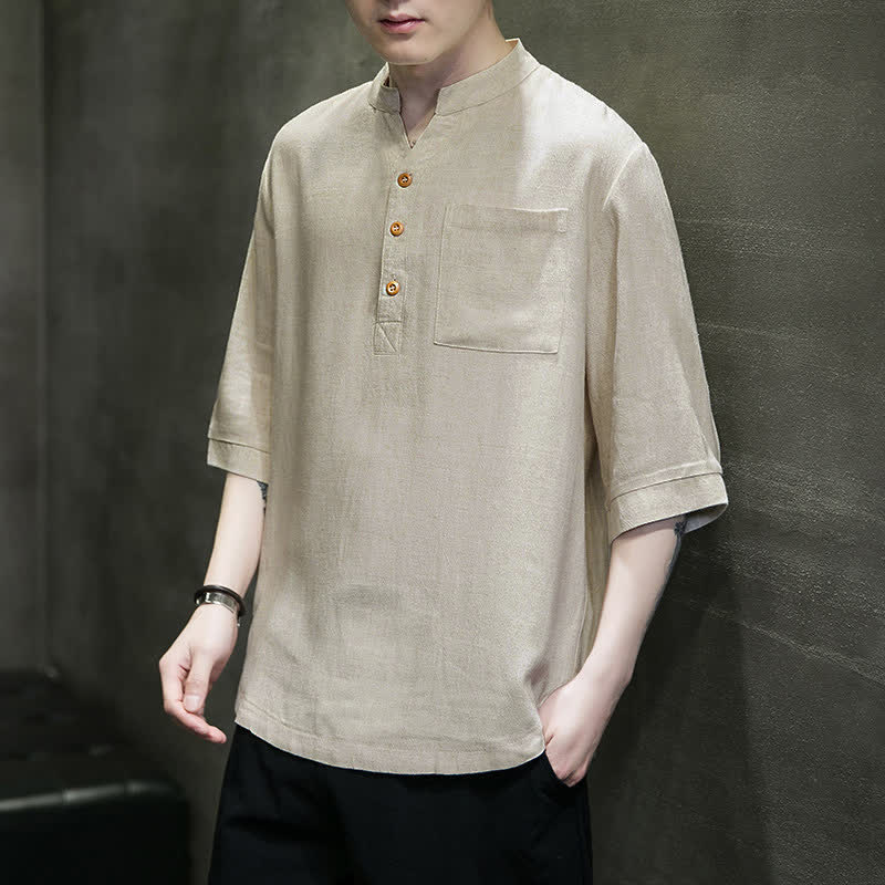 Buddha Stones Camisas de manga corta para hombre de estilo Tang casual de verano con cuello mandarín y bolsillo de parche. - image 18