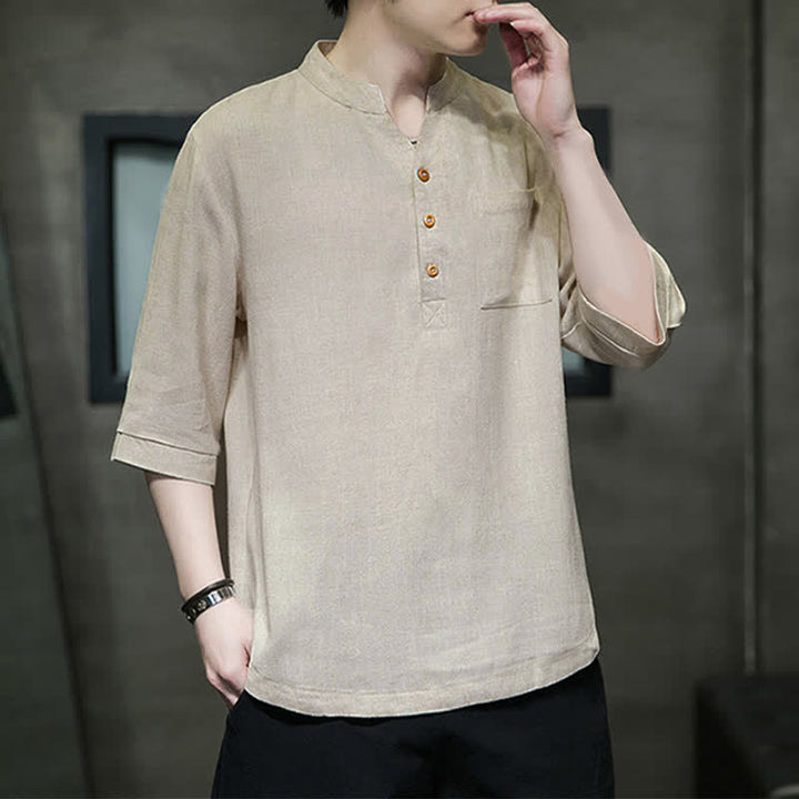 Buddha Stones Camisas de manga corta para hombre de estilo Tang casual de verano con cuello mandarín y bolsillo de parche. - image 13