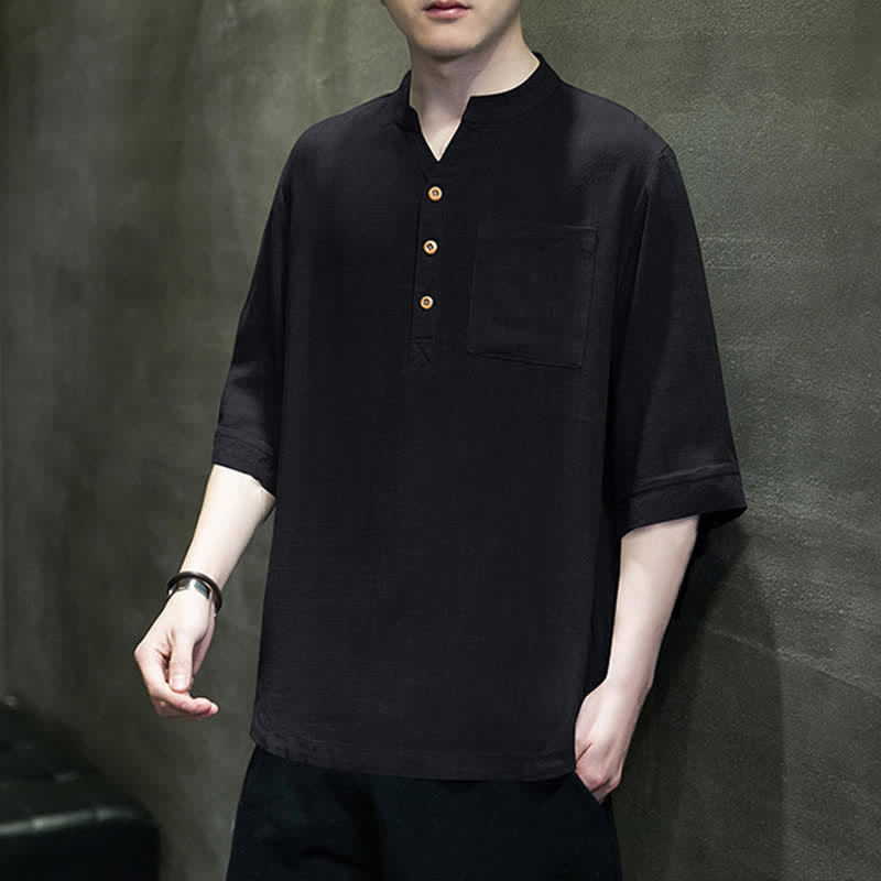 Buddha Stones Camisas de manga corta para hombre de estilo Tang casual de verano con cuello mandarín y bolsillo de parche. - image 10