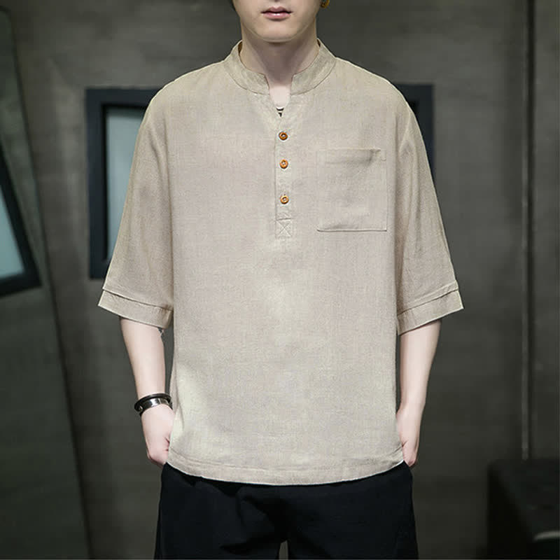 Buddha Stones Camisas de manga corta para hombre de estilo Tang casual de verano con cuello mandarín y bolsillo de parche. - Burlywood - US/UK/AU46, EU56 (5XL) - image 12