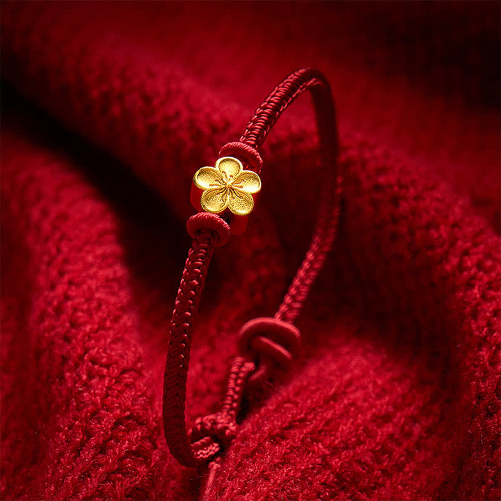 Buddha Stones Pulsera de cordón trenzado pequeño con diseño de flor de durazno, tejida a mano en rojo. - image 3
