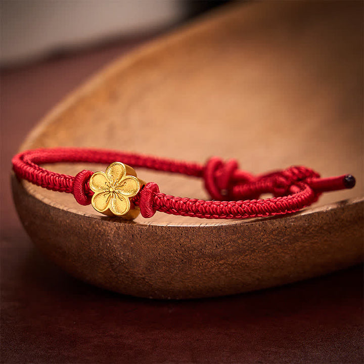 Buddha Stones Pulsera de cordón trenzado pequeño con diseño de flor de durazno, tejida a mano en rojo. - image 2