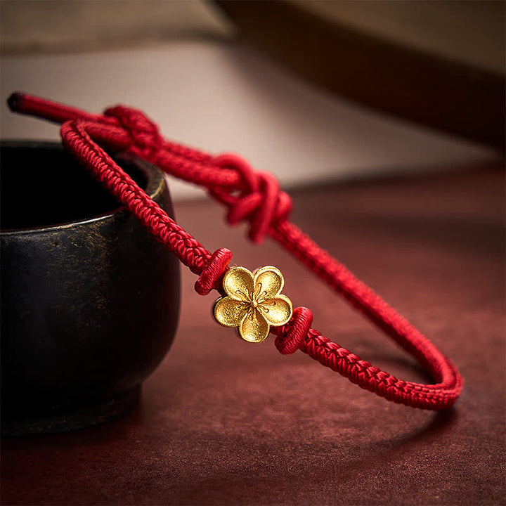 Buddha Stones Pulsera de cordón trenzado pequeño con diseño de flor de durazno, tejida a mano en rojo. - Rojo oscuro (circunferencia de la muñeca: 15-19 cm) - image 0