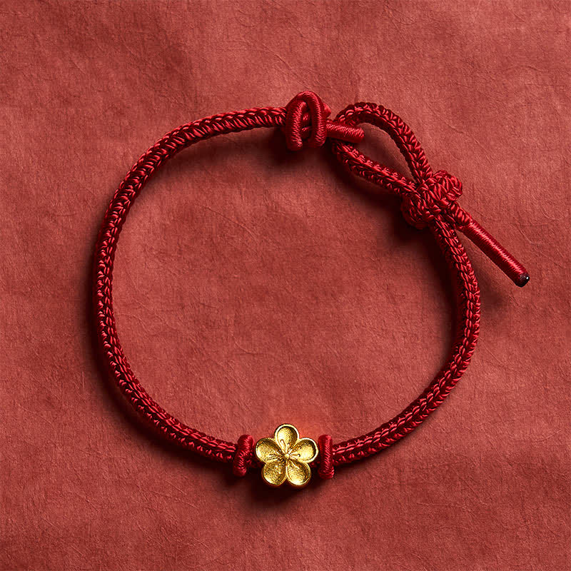 Buddha Stones Pulsera de cordón trenzado pequeño con diseño de flor de durazno, tejida a mano en rojo. - image 1