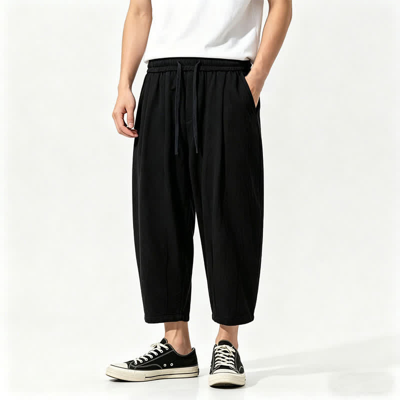 Buddha Stones Pantalones capri de algodón liso con cordón ajustable, estilo harem, para hombre, con bolsillos, ideales para el verano. - Negro - US/UK/AU46, EU56 (5XL) - image 1