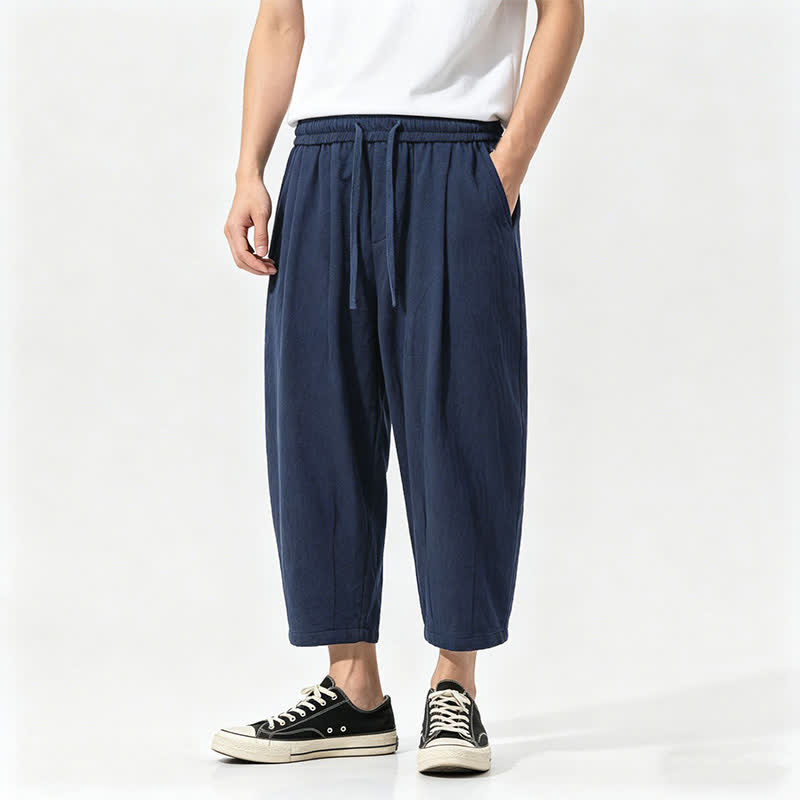Buddha Stones Pantalones capri de algodón liso con cordón ajustable, estilo harem, para hombre, con bolsillos, ideales para el verano. - Marina de guerra - US/UK/AU46, EU56 (5XL) - image 2