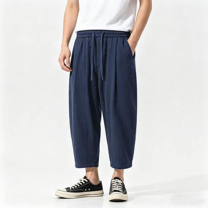 Buddha Stones Pantalones capri de algodón liso con cordón ajustable, estilo harem, para hombre, con bolsillos, ideales para el verano. - Marina de guerra - US/UK/AU46, EU56 (5XL) - image 2