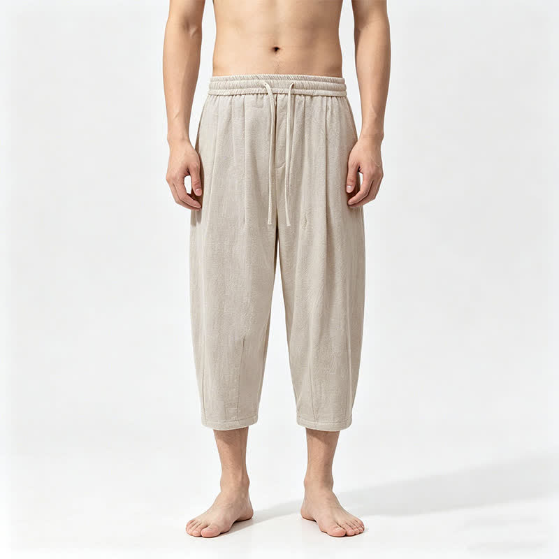 Buddha Stones Pantalones capri de algodón liso con cordón ajustable, estilo harem, para hombre, con bolsillos, ideales para el verano. - Beige - US/UK/AU46, EU56 (5XL) - image 3