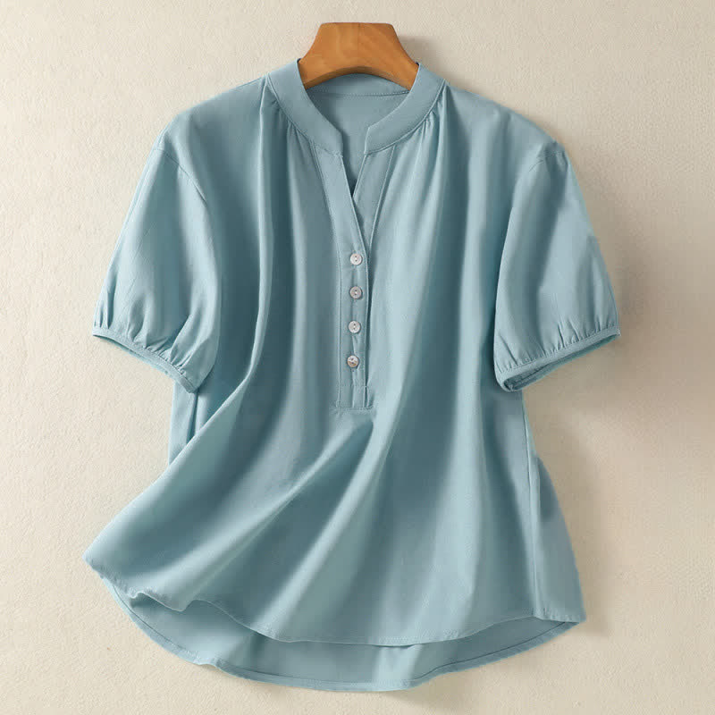 Buddha Stones Camisas de manga corta lisas con botones, estilo casual de verano para mujer. - Azul claro - US12, UK/AU16, EU44 (2XL) - image 7
