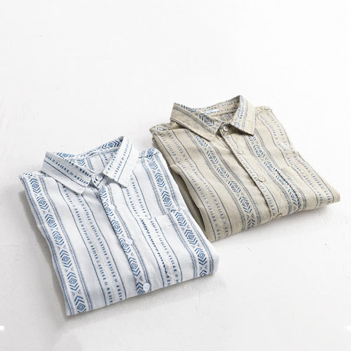 Buddha Stones Camisa de manga corta para hombre, estilo casual de verano, clásica, abotonada, a rayas, con bolsillo de parche. - image 11
