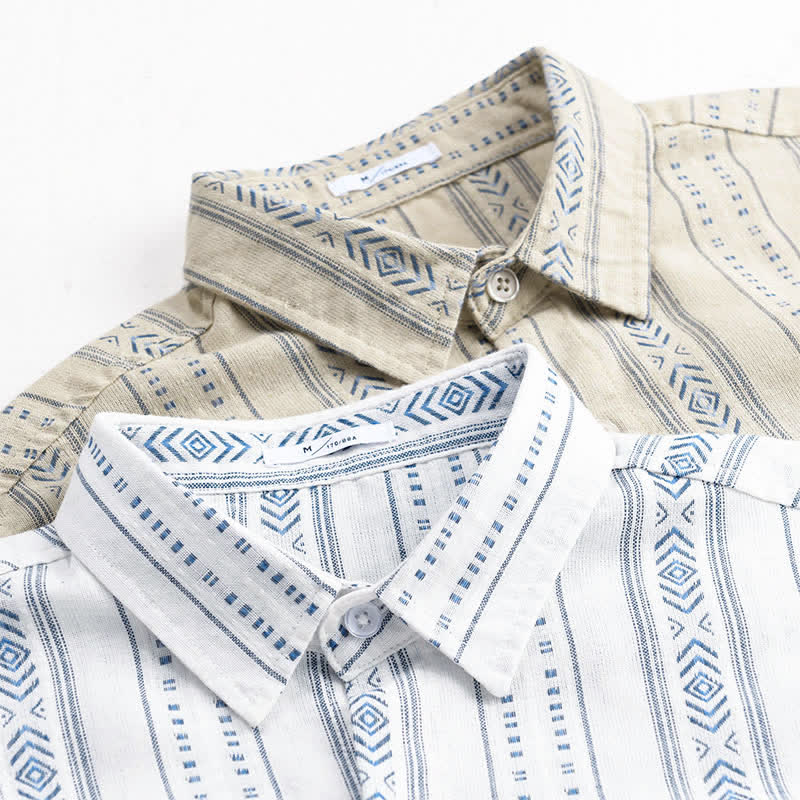 Buddha Stones Camisa de manga corta para hombre, estilo casual de verano, clásica, abotonada, a rayas, con bolsillo de parche. - image 13