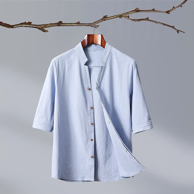 Buddha Stones Camisa de manga corta para hombre de algodón liso con cuello mandarín y botones, estilo Summer Tang. - Azul claro - US/UK/AU50, EU60 (7XL) - image 3