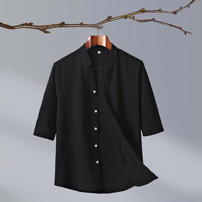 Buddha Stones Camisa de manga corta para hombre de algodón liso con cuello mandarín y botones, estilo Summer Tang. - Negro - US/UK/AU50, EU60 (7XL) - image 1