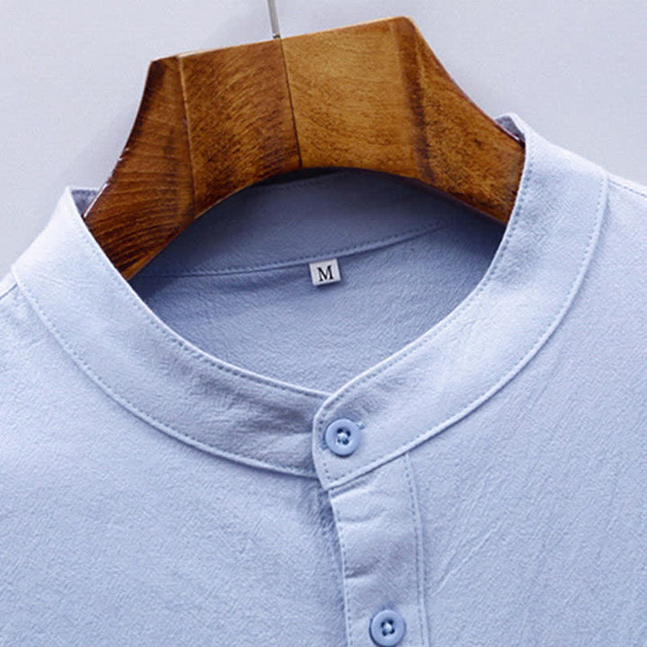 Buddha Stones Camisas de manga corta para hombre de algodón liso con cuello mandarín, estilo casual de verano y bolsillo de parche. - image 5