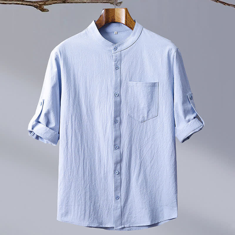 Buddha Stones Camisas de manga corta para hombre de algodón liso con cuello mandarín, estilo casual de verano y bolsillo de parche. - image 2