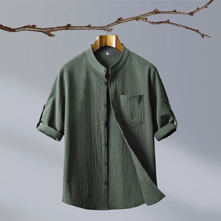Buddha Stones Camisas de manga corta para hombre de algodón liso con cuello mandarín, estilo casual de verano y bolsillo de parche. - Verde oliva oscuro - US/UK/AU46, EU56 (5XL) - image 0