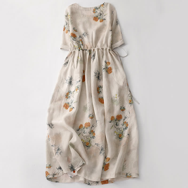 Buddha Stones Vestido de mujer de manga corta, cuello redondo, estampado floral beige, estilo vintage de verano, con cordón ajustable y bolsillo. - image 1