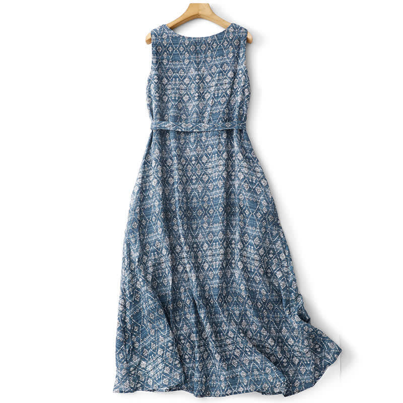 Buddha Stones Vestido de verano bohemio azul con cordón ajustable y estampado geométrico, sin mangas y bolsillos para mujer. - image 1