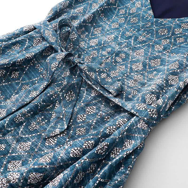 Buddha Stones Vestido de verano bohemio azul con cordón ajustable y estampado geométrico, sin mangas y bolsillos para mujer. - image 4