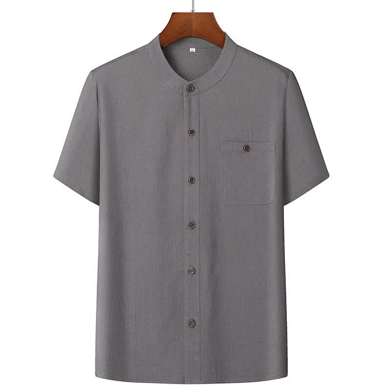Buddha Stones Conjuntos de verano informales para hombre: camisa de manga corta lisa con cuello mandarín y pantalón con cordón ajustable. - Camisa gris oscuro - US/UK/AU46, EU56 (5XL) - image 4
