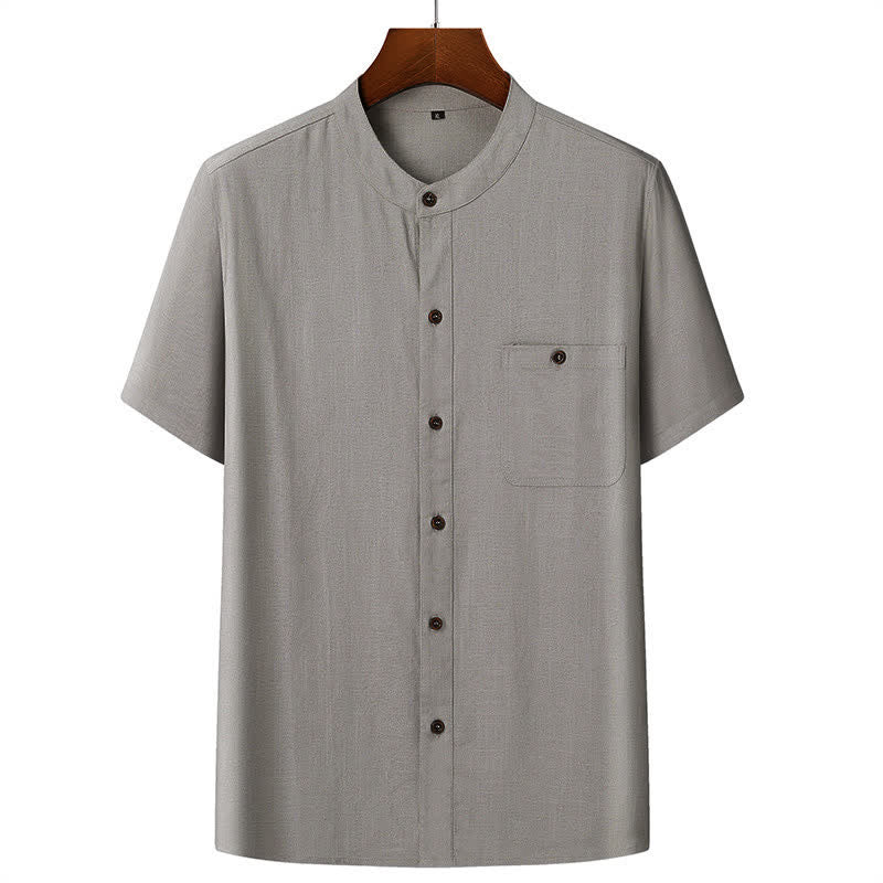 Buddha Stones Conjuntos de verano informales para hombre: camisa de manga corta lisa con cuello mandarín y pantalón con cordón ajustable. - Camisa gris claro - US/UK/AU46, EU56 (5XL) - image 12