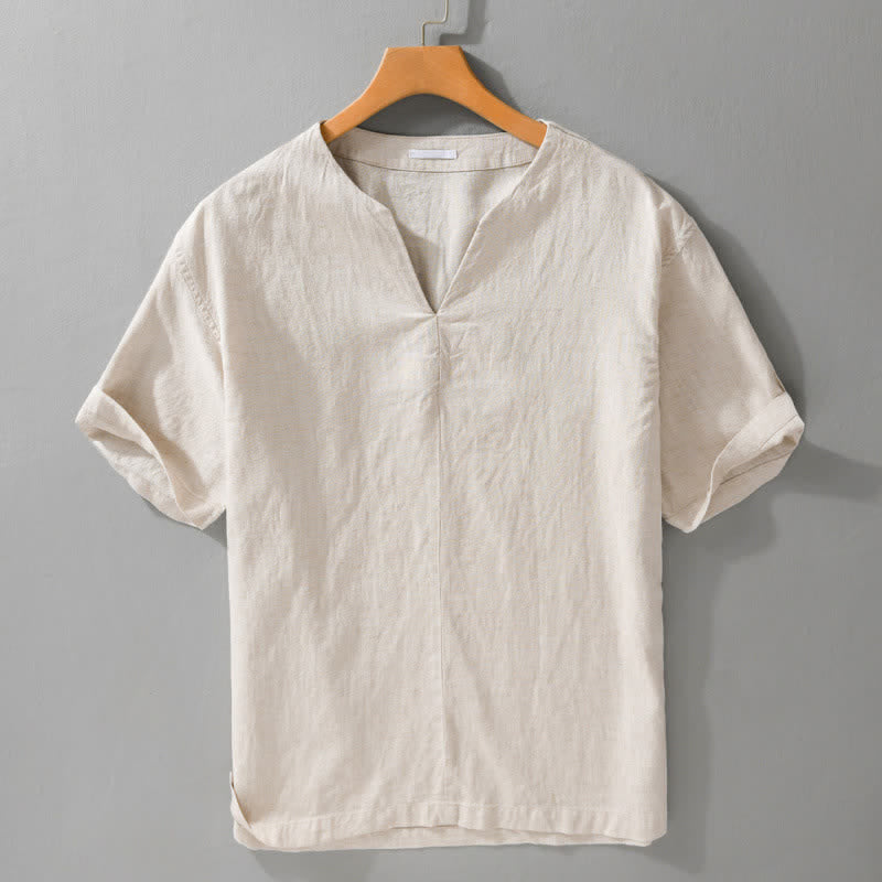 Buddha Stones Camisetas de manga corta para hombre, estilo minimalista de verano, con cuello en V y color liso. - Lino - US/UK/AU42, EU52 (3XL) - image 0